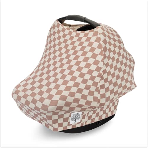 Parker Baby 4 in 1 Car Seat Cover for Girls and Boys - Stretchy Carseat Canopy, Nursing Cover, Grocery Cart Cover, High Chair Cover - "Rosewood Checker"