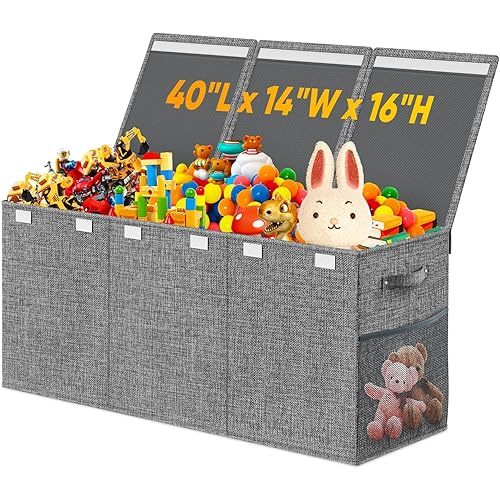 Extra Large Toy Storage Box with Lid Divider, Sturdy Collapsible Toys Organizer Chest Kids Storage Bins Boxes Baskets for Boys, Girls, Nursery, Bedroom, Living Room, Playroom, 40"x14"x16", Gray
