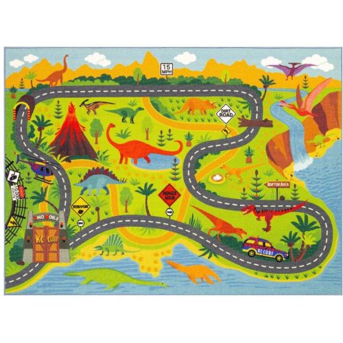 KC CUBS Boy & Girl Kids Dinosaur Dino Car Vehicle Traffic Road Educational Learning & Game Play Nursery Bedroom Classroom Rug Carpet, 5' 3" x 6' 6"
