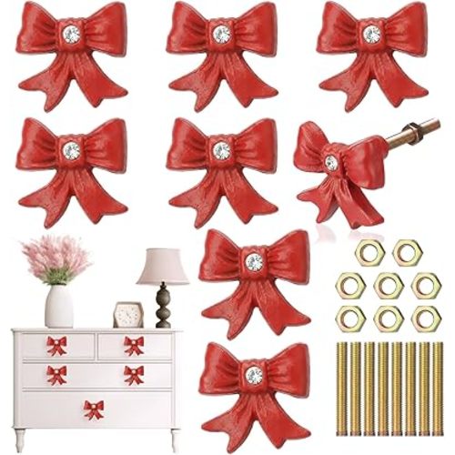 MorningRo 8 Pcs Red Bow Dresser Knobs Cast Iron Drawer Cabinet Knobs Coquette Girly Bow Vintage Decorative Drawer Pull Handles for Nursery Girls Room Vanity Wardrobe Bedroom Kitchen Home Decor