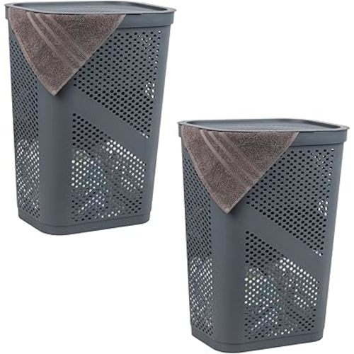 Mind Reader 60L Slim Laundry Hamper, Clothes Basket, Lid, Ventilated, Plastic, Set of 2, Gray