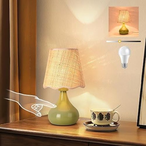 Green Small Touch Control Table Lamp for Bedroom,Green Bedside Lamps for Nightstand,Cute Mini Small Table Lamps for Small Spaces with Scalloped Shade for Kitchen Counter,Bookshelf,Living Room
