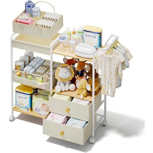 BBLIKE Diaper Caddy Organizer with Hanging Rack - 3 Tier Rolling Baby Storage Cart with Drawers and Side Pockets for Newborn Diaper Organization for Nursery, Crib, Bedroom, Changing Table, Beige