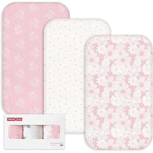 Gllquen Baby 3-Pack Muslin Cotton Bassinet Sheets, 33"x20" Fitted Crib Sheets for Bedside Sleeper & Travel Crib, Oeko-TEX Certified Soft Breathable Sheets, Easy On/Off (Rosebud)