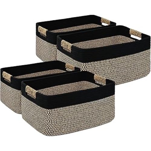 4 Pack Large Storage Basket for Organizing, 17.5"x13"x7" Woven Basket for Shelves, Closet Cube Storage Bins with Wrapped Handle, Cotton Rope Baskets for Kitchen, Clothes, Toys(Black & Brown)