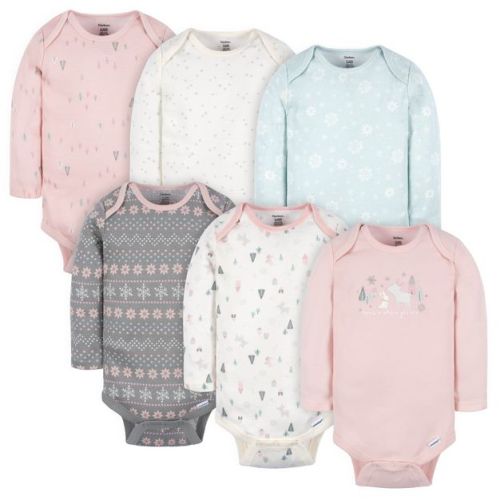 Gerber Baby Girls' Long Sleeve Onesies® Bodysuits, 6-Pack, Home, 0-3 Months