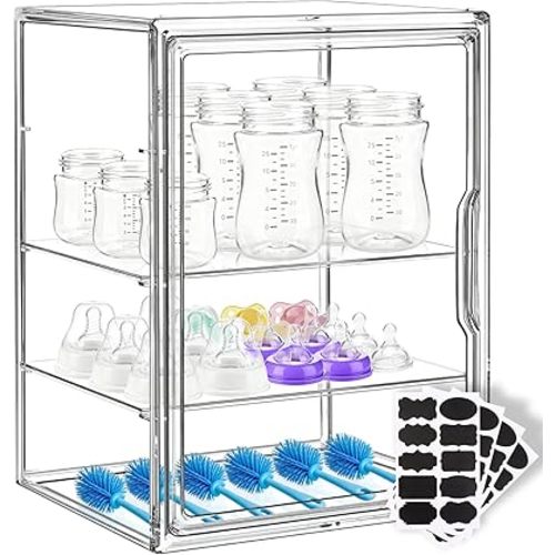 Baby Bottle Storage Organizer for Countertop Cabinet, 3-Tier Adjustable Clear Acrylic Bottle Organizer with 2 Removable Dividers & Magnetic Door, Large Capacity Organizer for Countertop