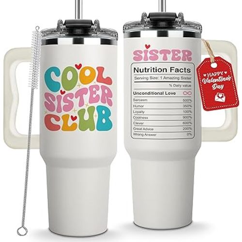 Valentine Gifts For Sister - Cool Sister Club Tumbler 40Oz, Cute Birthday Presents for Big Sis, Unique Coffee Cup Ideas for Teenage Sisters, Fun Handle Tumblers for Younger Sibling