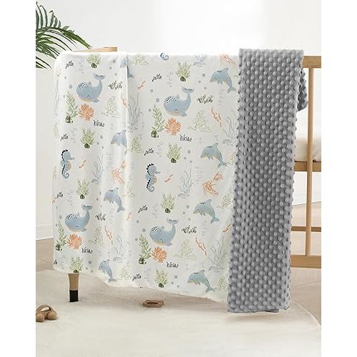 Baby Blankets for Unisex Boys Girls, Reversible Super Soft Blankets for Toddlers with Cotton Front and Dotted Fleece Backing, Lightweight and Warm Crib Blanket for All Seasons 30"x40"(Whale)