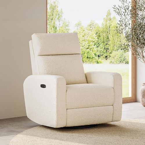 Nurture& The Glider Plus - Premium Nursery Power Recliner | Swivel Chair with Adjustable Head Support | Adjustable Lumbar Support Built in USB The Ultimate Comfort for Nursing, Relaxing (Boucle Creme)