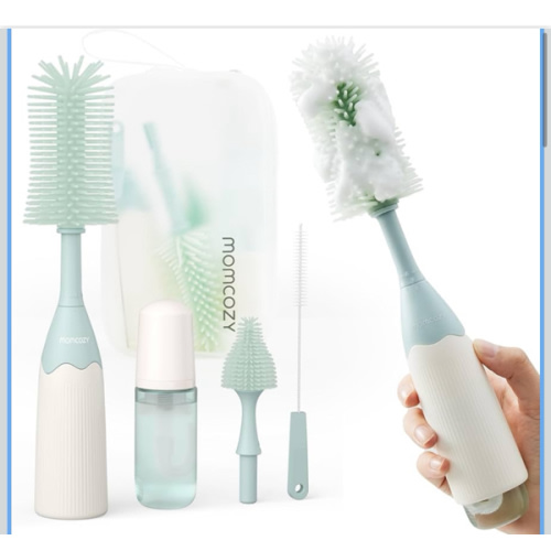 Momcozy Bottle Brush Kit, Innovative Push-Press Design for Better Cleaning - Baby Bottle Cleaner Brush for Baby Bottle, Breast Pumps, Nipples, and More - Can Generate Foam for Better Cleaning, Green