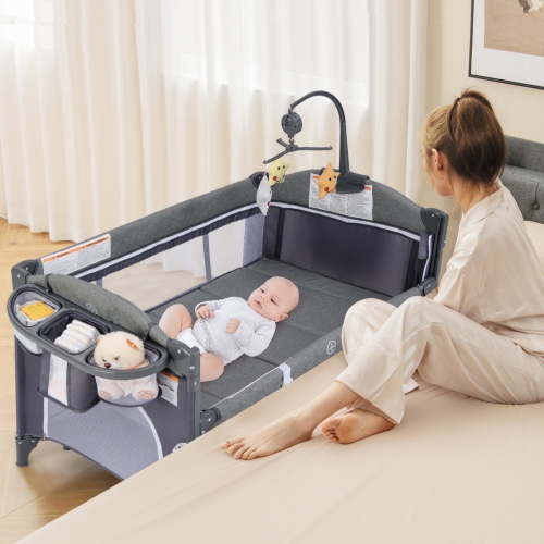 Olakids Baby Bedside Sleeper, 5-in-1 Bassinet with Adjustable Height, Mesh, Grey/Yellow