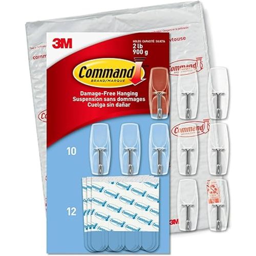 Command Medium Clear Wire Toggle Hooks,10 Wall Hooks and 12 Command Strips, Damage-Free Hanging with Adhesive, Great for Hanging, Organization and Storage, Holds up to 2 lb