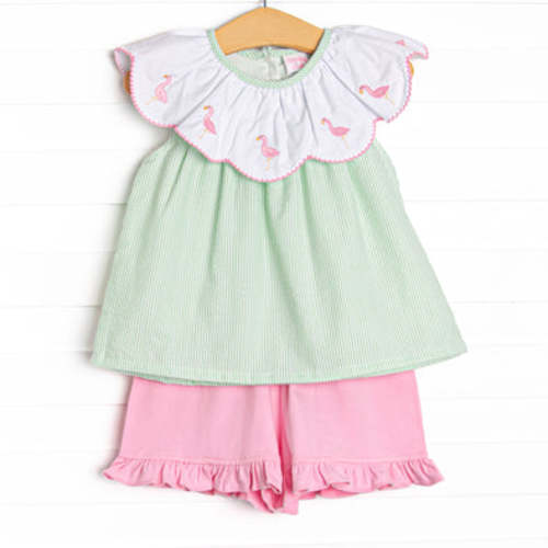 Flamingo Flock Embroidered Short Set, Green Seersucker – Stitchy Fish