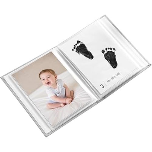 Baby Inkless Milestone Cards Photo Album–Clear Pages, Linen Cover with Front Window, Small Brag Book Photo Album for Kids, Portable Baby Photo Albums, Newborn Baby Keepsake Gifts