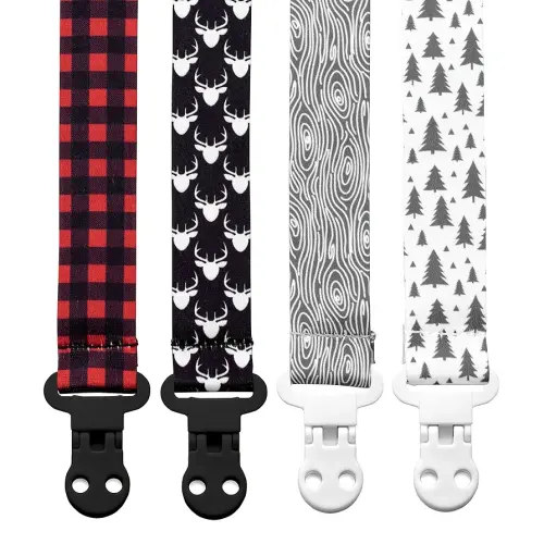 Baby Pacifier Clip Holder - Boy 4 Pack Gift Set – Plaid Deer Forest Woodland Trees Red Black Gray (Lumberjack)