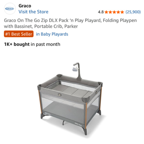 Graco On The Go Zip DLX Pack ‘n Play Playard, Folding Playpen with Bassinet, Portable Crib, Parker