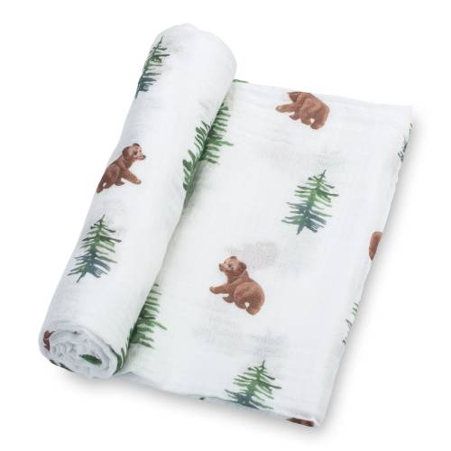 LollyBanks Muslin Swaddle Blanket – 100% Cotton Baby Wrap 47”x47”, Soft Newborn Receiving Blanket, Nursery Essential (Bear Cub Print)