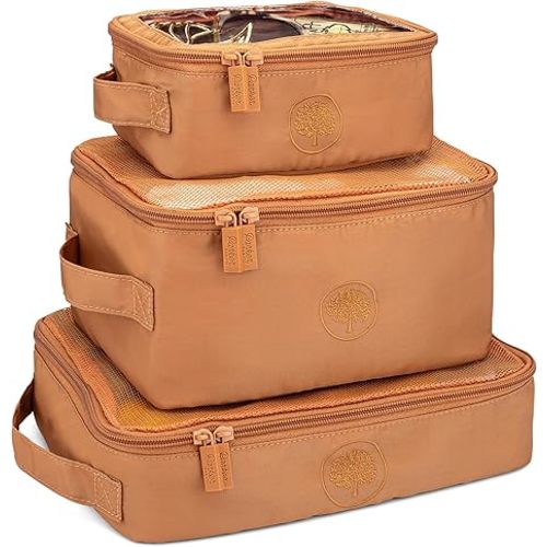 Parker Baby Co. Lightweight Packing Cube Set 3-Pack | Collapsible, Durable, Mesh & Clear Top | Travel Organizer for Diaper Bags, Luggage - Camel/Desert Star