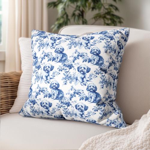 Cavapoo French Toile Pillow Cover, Elegant Toile de Jouy Cushion Cover Gift for Cavapoo Mom Dog Lover Chinoiserie Pillowcase Farmhouse Decor