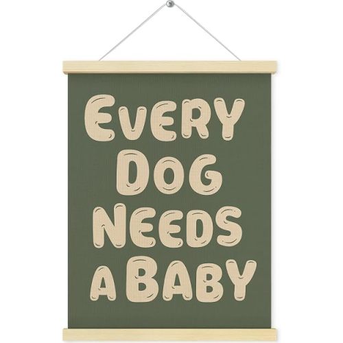 QEJ Every Dog Needs a Baby Wall Art Decor, Baby Shower Reveal Decor Canvas Poster Hanger Frame, Pregnancy Announcement Wall Decorations for Newborn Room Bedroom Playroom Decor, 12x16 Inch(Green)