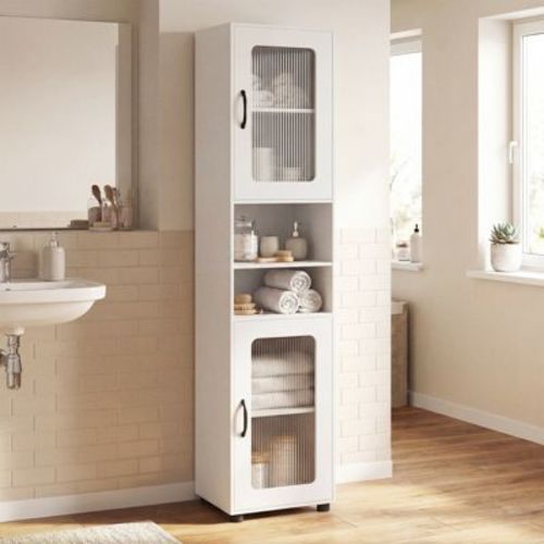 Costway Bathroom Cabinet, Slim Floor Storage Cabinet with 2 Fluted Doors,4 Rubber Feet White
