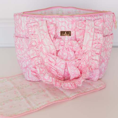 Quilted Coquette Diaper Bag – Pink Bow Baby Bag with Ruffles | HOLLIS – Hollis
