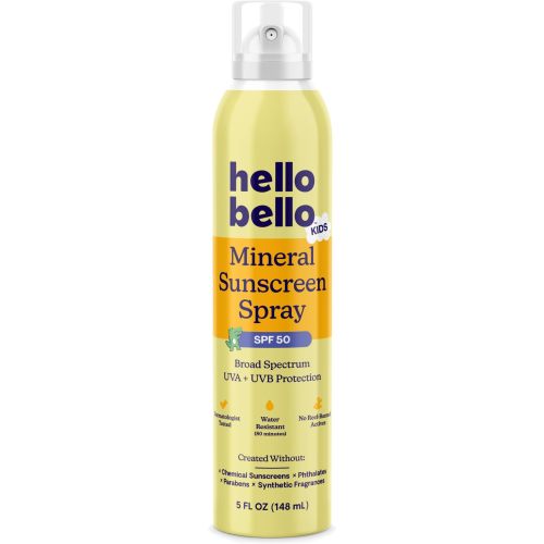 Hello Bello Kids SPF 50 Mineral Sunscreen - 5oz Spray - Water Resistant Broad Spectrum UVA + UVB Protection Sun Protection for Babies and Kids, Reef Friendly, 5 fl oz (Pack of 1)