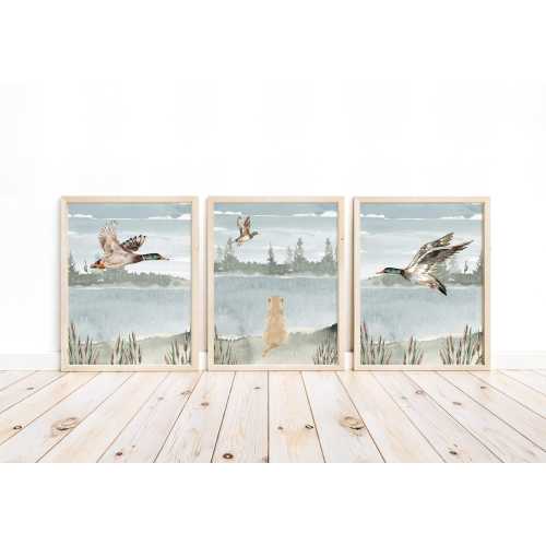 Watercolor Duck Hunting Nursery Mallard Duck and Yellow Lab Set of 3 Unframed Prints