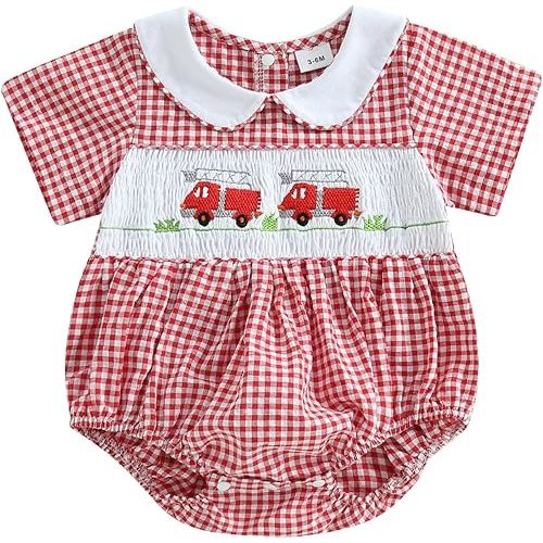 Honganda Newborn Infant Baby Girl Bubble Romper Fire Truck Doll Collar Short Sleeve Smocked Onesie Plaid Jumpsuit
