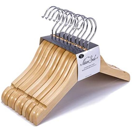 Nature Smile Kids Baby Children Toddler Wooden Shirt Coat Hangers with Notches and Anti-Rust Chrome Hook Pack of 10 (Natural)