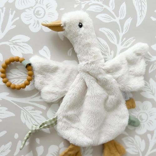 MON AMI PRU Goose Teether Lovie | 12-Inch Baby Security Blanket with Silicone Teether | Soft Plush Lovey for Teething Relief & Comfort