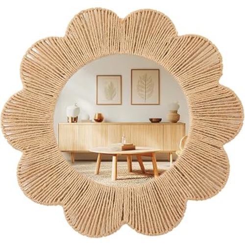 Sintuff Boho Scalloped Wall Mirror Decorative Flower Round Wavy Mirror with Frame Rustic Farmhouse Rattan Wicker Natural Wall Decor for Bathroom Bedroom Office(Jute,18 Inch,Scalloped)