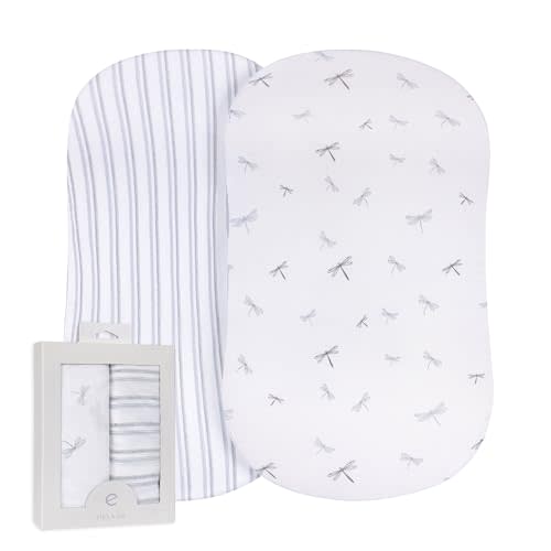 Ely’s & Co. Bassinet Sheets, Baby Boy Fitted Bassinet Mattress Sheet Set - 2 Pack, 100% Jersey Knit Cotton, fits Oval, Hourglass and Rectangle Mattress, 32”x16”x3” Blue Dragonflies + Stripes