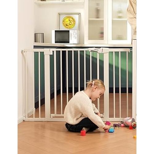 Babelio Metal Baby Gate, 29-43" Auto Close Easy Install Pet Gate PressGuard P7, Extra Wide Walk Thru Child Safety Gate, 30" Tall Pressure Mounted Dog Gate for Doorways & Stairs, White