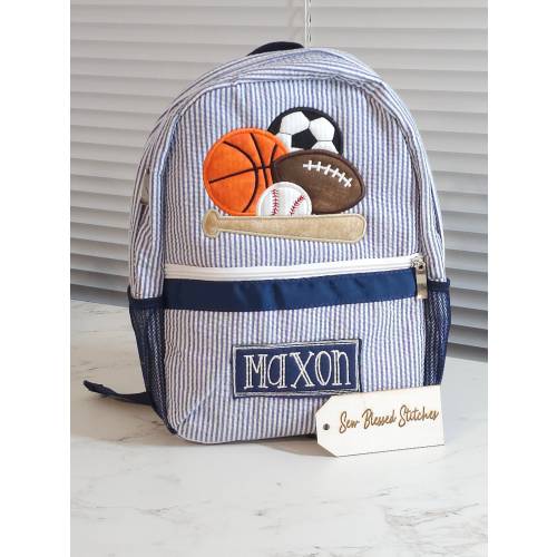 Personalized Seersucker Backpack: Sports Applique, Boy Diaper Bag