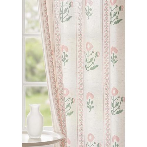 THREE GIRLS Pink Printed Pinch Pleat Curtains 84 Inch Long, Light Filtering Linen Blend Farmhouse Pleated Drapes, Semi Sheer Curtains for Living Room Bedroom Dining Room, 40W x 84L, Set of 2