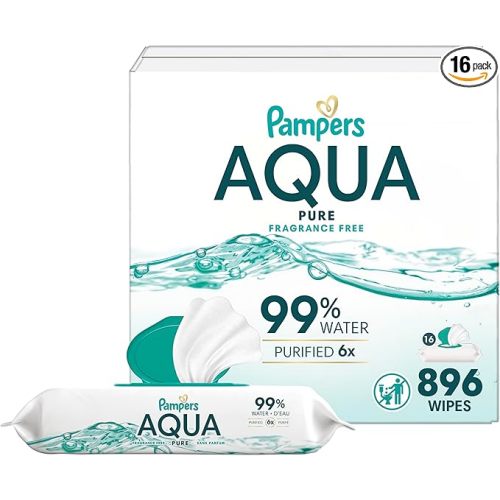 Pampers Aqua Pure Baby Wipes, 99% Water, Fragrance Free, 896 Baby Wipes Total (16X Flip-Top Packs) [Packaging May Vary]
