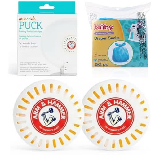 Odor Eliminator Cartridges, 2 Pack, Lavender Scent Baking Soda Pucks for Diaper Pails + Nuby Diaper Sacks, 50 Count Disposable Baby Diaper Bags