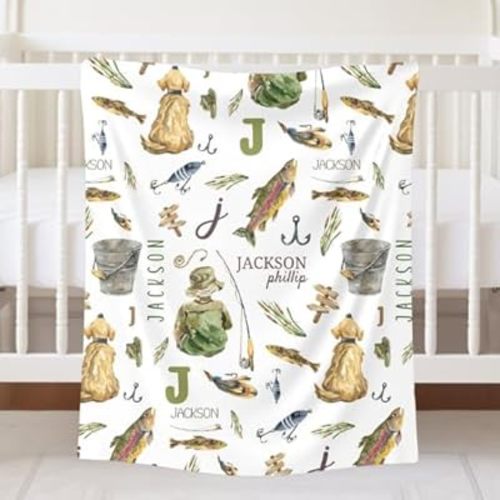 Printed in USA –Personalized Baby Boy Milestone Blanket, Baby Monthly Blanket with Name, Fishing Fish Design, Custom Minky Newborn Blankets, Babys First Year Keepsake