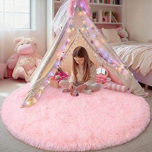 Round Fluffy Pink Rug for Bedroom, 4Ft Fuzzy Shag Circle Area Rug for Girls Kids Room Nursery, Soft Non Slip Plush Carpet for Dorm Living Room Home Decor