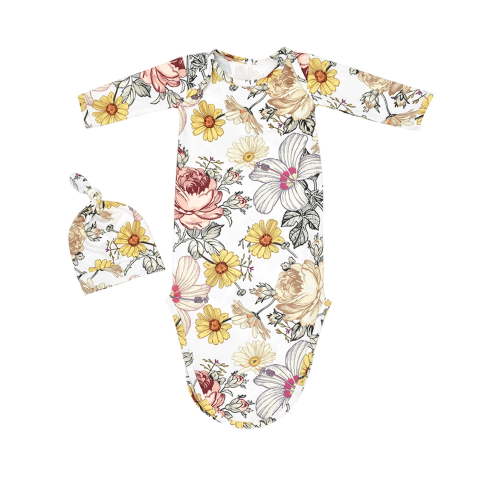 WIBACKER Baby Girls Boys Nightgowns Milk Silk Sleeper Bag Newborn Coming Home Outfits Floral Knotted Gown with Hat