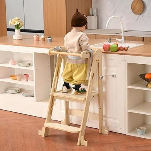 Kids Kitchen Step Stool, Foldable Toddler Tower, Height Adjustable Toddler Standing Tower with Safty Rail and Anti-Slip Device, Wooden Stool for 1.5-6 Years(Nature-Wood)