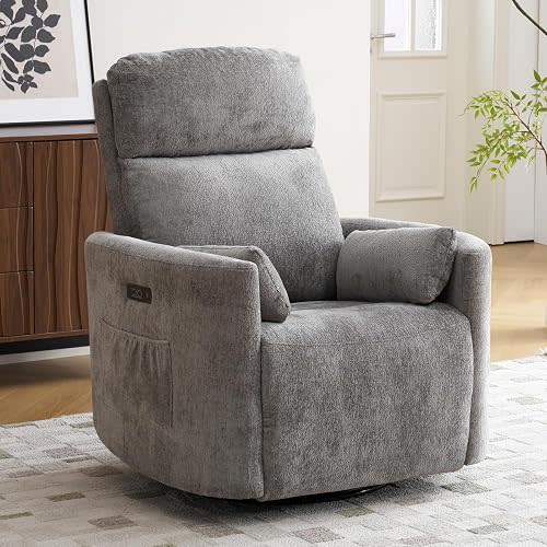 Oversized Power Recliner with Massage and Heat, Swivel Rocker Recliner with Adjustable Headrest, Glider Recliner Nursery Chair with 2 Pillows, Rocking Nursery Recliner for Living Room,Dark Grey