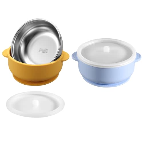 Dovesail 2 Pack Stainless Steel Baby Bowls with Removable Non-Slip Silicone Suction Shell and Lids, Anti Scald Food Container for Baby Food Feeding-Skyblue & Yellow