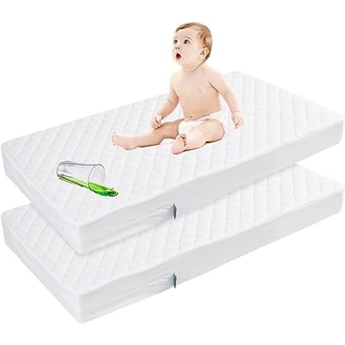 Zippered Crib Mattress Protector - Waterproof Crib Mattress Encasement, Breathable and Absorbent, 6 Sides Fully Encased Cover, 2 Pack, White