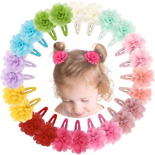 DeD 24PCS 2.7" Chiffon Flower Hair Bows Clips Flower Tiny Hair Clips Fine Hair for Girls Infants Toddlers Set of 12 Pairs