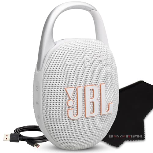 JBL Clip 5 Portable Bluetooth Speaker, IP67 Waterproof & Dustproof, Long-Lasting Battery - White - Boom h's Comprehensive Ultimate Performance Cloth Solution for Your On-The-Go Sound Experience