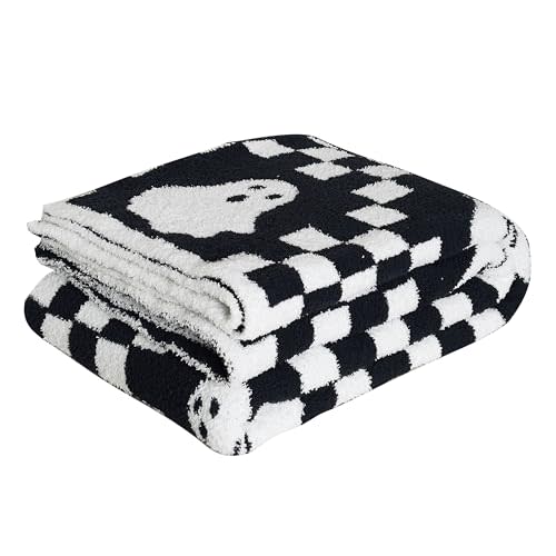 Ultra Soft Cozy Checkered Ghost Halloween Knitted Baby Blanket Fluffy Microfiber Checkerboard Bed Blanket Lightweight Both Sides t for Couch Sofa Bed 30"X40"Black