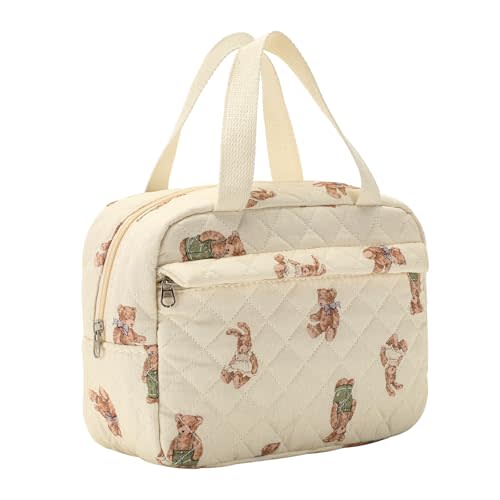 uekeboag Large Size Quilted Coquette Makeup Bag, Cute Preppy Floral Cotton Travel Cosmetic Organizer Bag with Top Handle, Multi-Layer Travel Toiletry Pouch for Girls (04Bear)